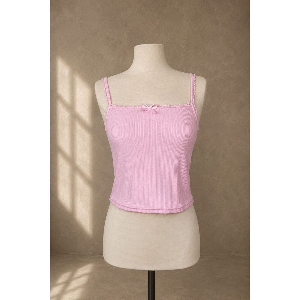 Baby Pink Ribbed Lace Trim Camisole Tank Top Bow Detail Stretchy Y2K medium
